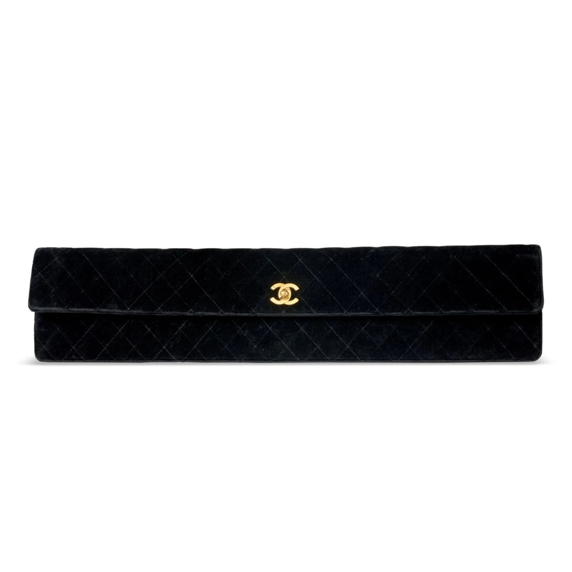 Chanel 80's Black Velvet Quilted Elongated Vintage Clutch