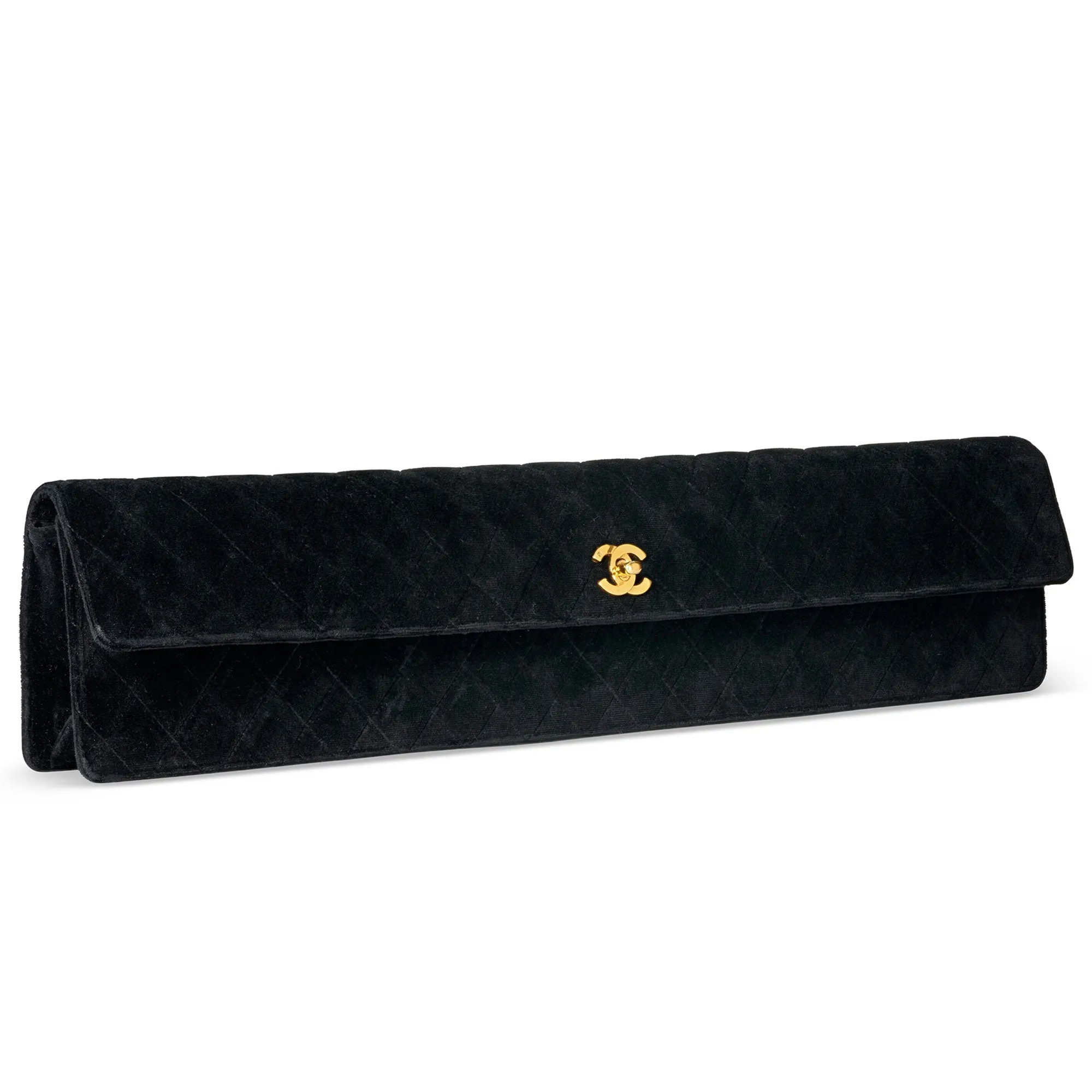 Chanel 80's Black Velvet Quilted Elongated Vintage Clutch