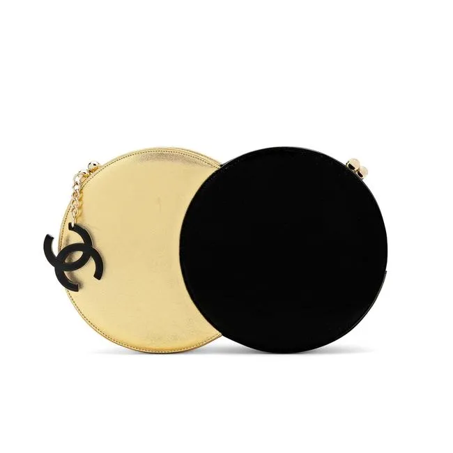 Chanel Minaudière Double Circle 70s Style Runway Rare Black & Metallic Clutch