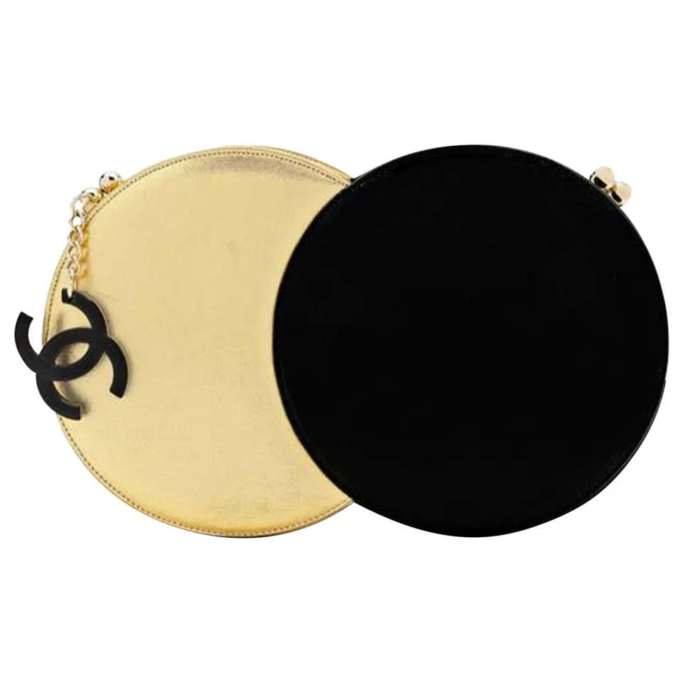 Chanel Minaudière Double Circle 70s Style Runway Rare Black & Metallic Clutch