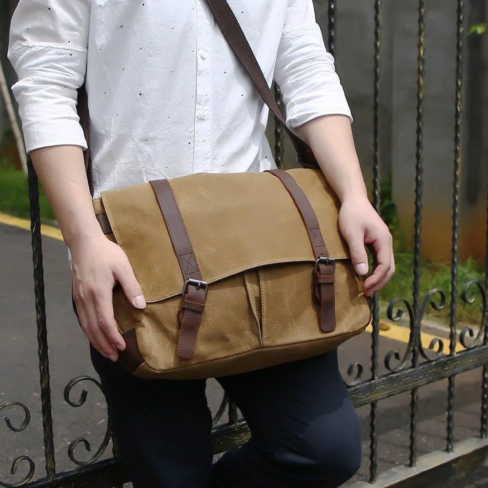 Mens Waterproof Canvas Messenger Bag for 14 Inch Laptop