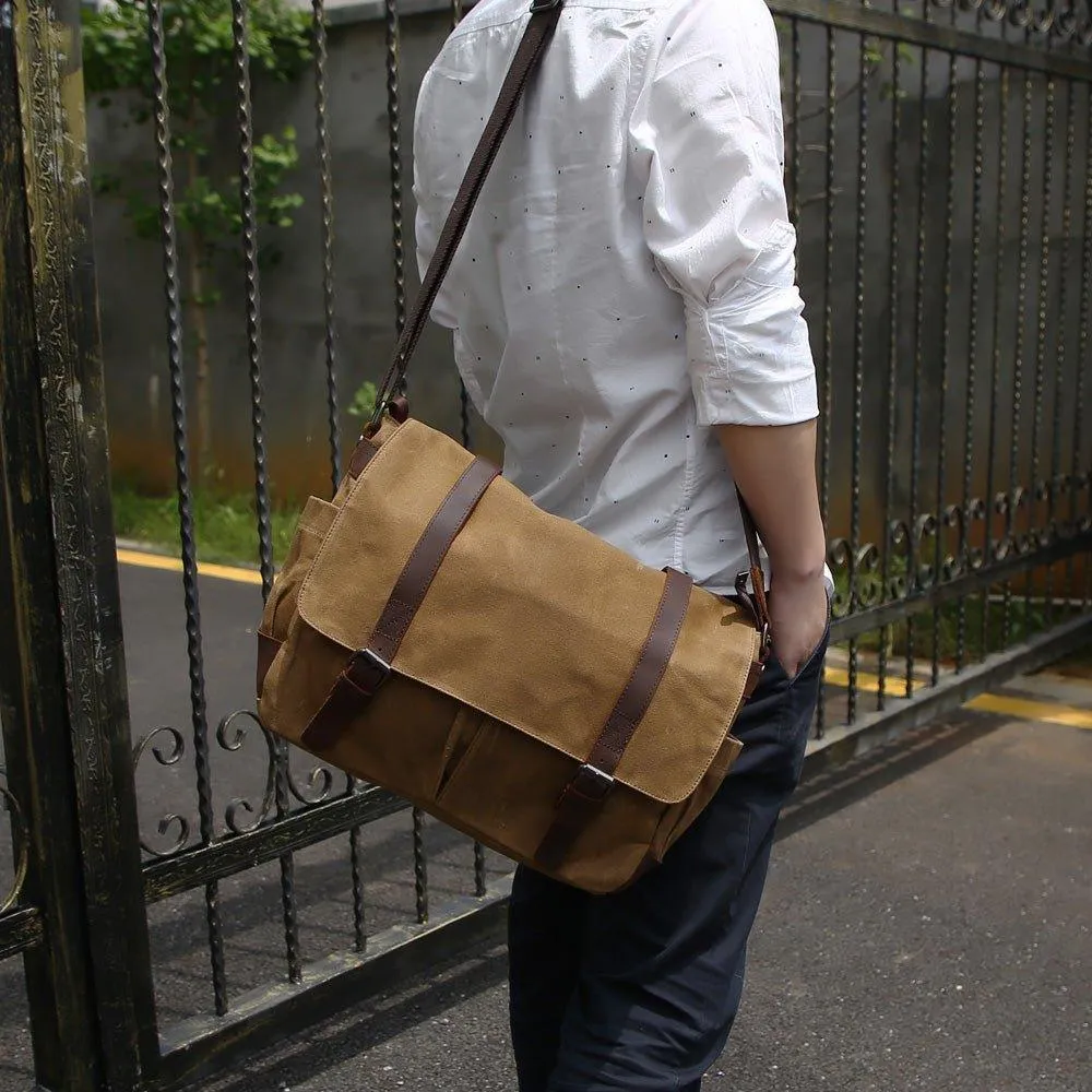 Mens Waterproof Canvas Messenger Bag for 14 Inch Laptop