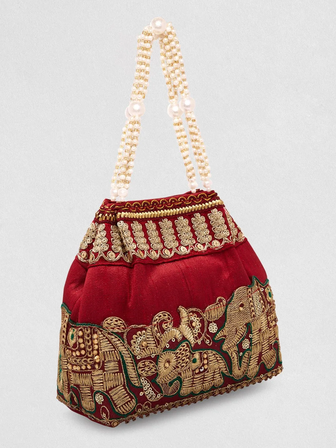 Rubans Maroon Coloured Potli Handbag With Silver Embroidery And Pearls